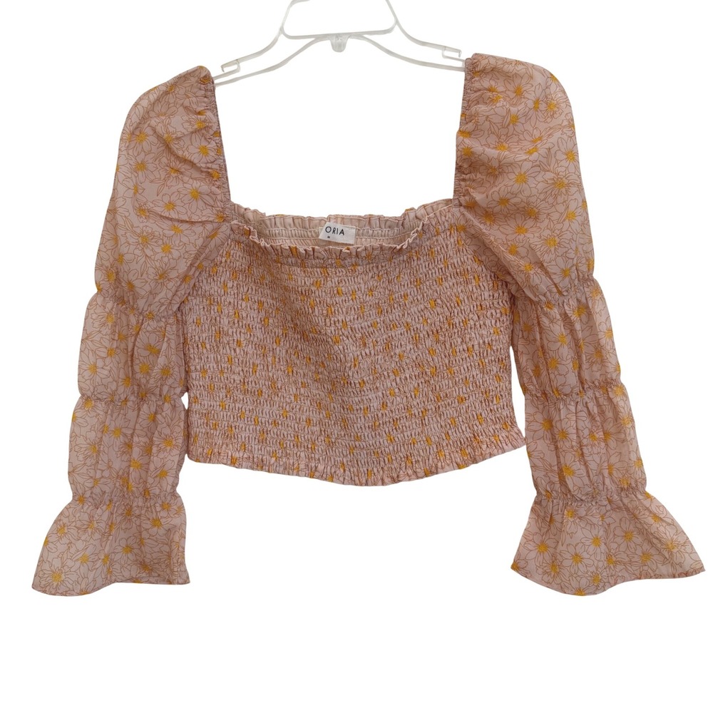 Storia Peach Floral Smocked Crop Top‎ Square Neck Tiered Puff Sleeve Boho M NWOT